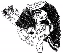 Size: 1728x1536 | Tagged: safe, artist:dinexistente, oc, oc:nasapone, pony, astronaut, black and white, bottomless, clothes, dialogue, grayscale, humor, monochrome, partial nudity, space, spacesuit