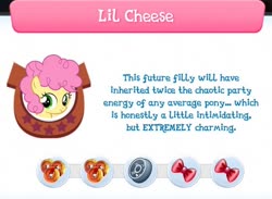 Size: 698x512 | Tagged: safe, gameloft, li'l cheese, pony, g4, official, the last problem, bowtie, coin, cute, debate in the comments, female, filly, game, introduction card, solo