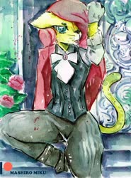 Size: 1600x2166 | Tagged: safe, artist:mashiromiku, fluttershy, cat, anthro, g4, catified, clothes, fluttercat, gloves, patreon, patreon logo, species swap, traditional art, watercolor painting
