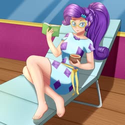 Size: 1024x1024 | Tagged: safe, artist:focusb, edit, editor:thomasfan45, rarity, human, equestria girls, equestria girls specials, g4, my little pony equestria girls: better together, my little pony equestria girls: spring breakdown, barefoot, barrette, book, clothes, cruise ship, cute, dress, drink, feet, female, human coloration, juice, legs, looking at you, lounging, scene interpretation, sexy, smiling, solo, sunglasses