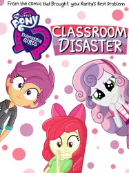 Size: 2048x2732 | Tagged: safe, artist:justsomepainter11, apple bloom, scootaloo, sweetie belle, comic:classroom disaster, equestria girls, g4, clothes, comic, confused, cover, cute eyes, high res, logo, older, older apple bloom, older scootaloo, older sweetie belle, scared, show accurate, simple background, wide eyes