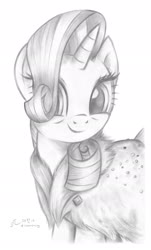 Size: 1280x2115 | Tagged: safe, artist:fladdrarblyg, rarity, pony, unicorn, g4, the last problem, bust, clothes, female, grayscale, hair over one eye, looking at you, mare, monochrome, older, older rarity, pencil drawing, portrait, simple background, smiling, solo, three quarter view, traditional art, turned head, white background