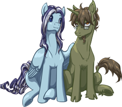 Size: 2087x1829 | Tagged: safe, artist:saby, oc, oc only, oc:splendence, oc:windwatcher, classical unicorn, pegasus, pony, unicorn, 2020 community collab, derpibooru community collaboration, cel shading, chest fluff, cloven hooves, colored, duo, facial hair, femboy, fetlock tuft, glasses, goatee, graying hair, hug, leonine tail, looking at you, male, pince-nez, shading, side by side, simple background, sitting, smiling, stallion, striped mane, transparent background, underhoof, winghug, wings