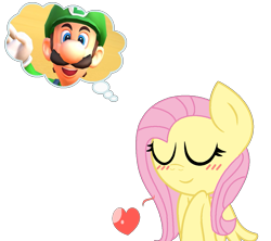 Size: 1129x1002 | Tagged: safe, artist:noreen-loves-spidey, artist:user15432, fluttershy, human, pegasus, pony, g4, barely pony related, base used, blushing, crossover, crossover shipping, heart, luigi, luigishy, male, mario kart, mario kart tour, nintendo, shipping, simple background, super mario bros., thinking, thinking bubble, transparent background