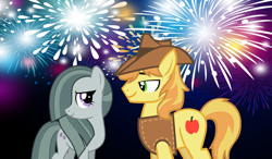 Size: 2064x1203 | Tagged: safe, braeburn, marble pie, g4, braeble, crack shipping, female, fireworks, happy new year, happy new year 2020, holiday, looking at each other, male, new year, night, shipping, smiling, straight