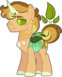 Size: 1280x1583 | Tagged: safe, artist:kurosawakuro, oc, oc:autumn green, changepony, hybrid, base used, ear piercing, earring, interspecies offspring, jewelry, magical gay spawn, male, necklace, offspring, parent:sunburst, parent:thorax, parents:thoraxburst, piercing, simple background, solo, transparent background