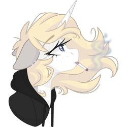 Size: 2048x2048 | Tagged: safe, artist:cinnamontee, oc, oc:tegan, pony, unicorn, bust, cigarette, clothes, ear piercing, earring, female, floppy ears, high res, hoodie, jewelry, mare, piercing, portrait, simple background, smoking, solo, transparent background