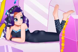 Size: 1280x848 | Tagged: safe, alternate version, artist:focusb, edit, editor:thomasfan45, rarity, human, equestria girls, g4, my little pony equestria girls: better together, the other side, ass, barefoot, breasts, butt, cleavage, clothes, fabulous, feet, female, gloves, headphones, human coloration, prone, rearity, scene interpretation, sexy, solo, strapless, stupid sexy rarity, unitard