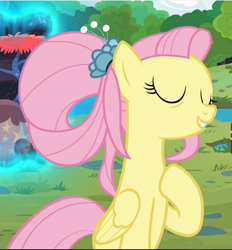 Size: 876x942 | Tagged: safe, screencap, fluttershy, pegasus, pony, g4, the last problem, cropped, cute, eyes closed, female, hoof on chest, mare, older, older fluttershy, portal, raised hoof, shyabetes, smiling, solo, standing up