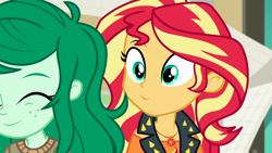 Size: 800x450 | Tagged: safe, edit, edited screencap, screencap, sunset shimmer, wallflower blush, equestria girls, equestria girls series, forgotten friendship, g4, adorkable, cute, dork, duo, duo female, female, flowerbetes, geode of empathy, magical geodes, shimmerbetes, smiling, stare