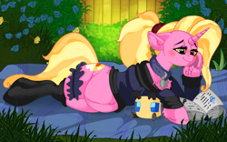 Size: 1920x1200 | Tagged: safe, artist:brainiac, derpibooru exclusive, luster dawn, bee, insect, pony, unicorn, g4, book, bottomless, chest fluff, clothes, collar, female, garter belt, luster mom, mare, minecraft, minecraft bee, partial nudity, pet play, pet tag, plushie, pregnant, reading, socks, solo, sweater