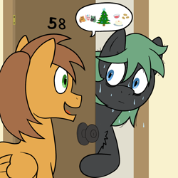 Size: 1000x1000 | Tagged: safe, artist:scraggleman, oc, oc only, oc:cipher, earth pony, pegasus, pony, chest fluff, christmas, christmas tree, door, food, holiday, nervous, speech bubble, story included, sweat, tree