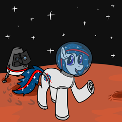 Size: 4096x4096 | Tagged: safe, alternate version, artist:poniidesu, oc, oc only, earth pony, pony, absurd resolution, blue eyes, blue mane, crater, ethereal mane, helmet, hoofprints, mars, nasa, solo, space, spaceship, spacesuit, starry mane, stars