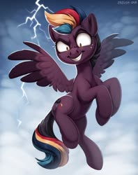 Size: 539x680 | Tagged: safe, artist:hattiezazu, oc, oc only, pegasus, pony, evil smile, female, flying, grin, lightning, mare, smiling, solo, spread wings, wings
