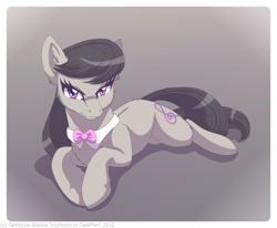 Size: 1700x1400 | Tagged: safe, artist:inuhoshi-to-darkpen, octavia melody, earth pony, pony, g4, bowtie, cute, female, gradient background, lidded eyes, looking at you, mare, on side, prone, smiling, solo, staring into your soul