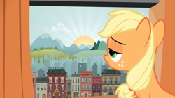 Size: 2880x1620 | Tagged: safe, screencap, applejack, earth pony, pony, g4, the cutie mark chronicles, building, city, female, filly, filly applejack, foal, hill, manehattan, sad, solo, sun, sunrise, younger