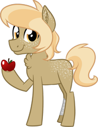 Size: 933x1200 | Tagged: safe, artist:binkyt11, derpibooru exclusive, oc, oc only, oc:appledaze, pony, 2020 community collab, derpibooru community collaboration, apple, bandage, chest fluff, ear fluff, food, looking at you, male, simple background, solo, teenager, transparent background