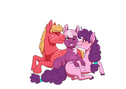 Size: 3508x2480 | Tagged: safe, artist:jackiebloom, big macintosh, cheerilee, sugar belle, earth pony, pony, unicorn, g4, bisexual, bisexual female, cheek kiss, eyes closed, female, freckles, grin, high res, kiss sandwich, kissing, lesbian, lesbian in front of boys, lying down, male, mare, missing cutie mark, one eye closed, polyamory, polygamy, prone, ship:cheerimac, ship:sugarmac, shipping, simple background, smiling, stallion, straight, sugarlee, sugarmaclee, transparent background, unshorn fetlocks, wink