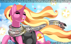 Size: 1920x1200 | Tagged: safe, artist:brainiac, luster dawn, pony, unicorn, g4, bottomless, chest fluff, clothes, cloud, collar, cute, day, eyebrows, eyelashes, eyes closed, female, floating heart, heart, horn, luster mom, lusterbetes, mare, music notes, outdoors, partial nudity, ponytail, pregnant, scarf, singing, sky, solo