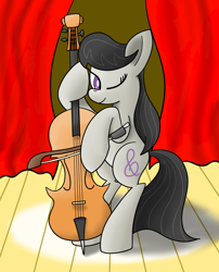 Size: 1328x1640 | Tagged: safe, artist:notadeliciouspotato, octavia melody, earth pony, pony, bipedal, bow (instrument), cello, curtains, female, mare, missing accessory, musical instrument, one eye closed, smiling, solo, spotlight, stage