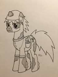 Size: 720x960 | Tagged: safe, artist:carty, oc, oc only, oc:carty, earth pony, pony, clothes, helmet, jacket, monochrome, solo, tools, traditional art