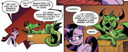Size: 2583x1069 | Tagged: safe, artist:andypriceart, official comic, blacktip, twilight sparkle, alicorn, dragon, pony, g4, idw, spoiler:comic, spoiler:comic61, amused, armpits, comic, convocation of the creatures, cropped, crossed legs, displeased, duo, female, jealous, male, mare, on back, raised eyebrow, reclining, refusal, smiling, smirk, smug, smuglight sparkle, speech bubble, twilight sparkle (alicorn)