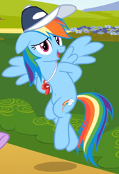 Size: 428x625 | Tagged: safe, edit, edited screencap, screencap, rainbow dash, pegasus, pony, g4, hurricane fluttershy, belly button, cap, coach rainbow dash, cropped, cute, dashabetes, female, flying, hat, solo, whistle, whistle necklace, wings