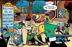 Size: 2650x1738 | Tagged: safe, artist:andypriceart, idw, official comic, abyssinian king, blacktip, chief thunderhooves, dudley nightshade, glenda, horwitz, king aspen, princess celestia, queen birch, raven, twilight sparkle, urtica, abyssinian, alicorn, ape, avian, bat pony, bird, bison, buffalo, cat, changedling, changeling, deer, dragon, gorilla, griffon, hybrid, mule, ornithian, parrot, pony, undead, unicorn, vampire, vampony, yak, anthro, digitigrade anthro, g4, spoiler:comic, spoiler:comic61, bowtie, clothes, convocation of the creatures, cropped, doe, drinking glass, eyes closed, female, fez, hall of unity, hat, juggling, male, mare, robes, speech bubble, stag, stallion, tuxedo, twilight sparkle (alicorn), unicycle, unnamed abyssinian, unnamed character, unnamed dragon, unnamed griffon, unnamed mule, unnamed ornithian, unnamed pony