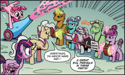 Size: 1978x1192 | Tagged: safe, artist:brendahickey, idw, official comic, drum beet, jethro dull, mayor mare, pinkie pie, rain parade, sour bash, temperance flowerdew, twilight sparkle, alicorn, earth pony, pony, unicorn, g4, spoiler:comic, spoiler:comic63, anti-sugar league, bucktooth, butt, cropped, drums, female, levitation, magic, magic aura, male, mare, musical instrument, party cannon, plot, speech bubble, stallion, sword, telekinesis, twilight sparkle (alicorn), weapon