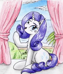 Size: 2053x2414 | Tagged: safe, artist:40kponyguy, derpibooru exclusive, rarity, pony, unicorn, g4, curtains, ear fluff, female, high res, looking at you, mare, ocean, raised hoof, solo, traditional art