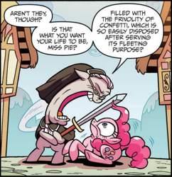 Size: 1212x1254 | Tagged: safe, artist:brenda hickey, idw, official comic, pinkie pie, temperance flowerdew, earth pony, pony, g4, spoiler:comic, spoiler:comic63, clothes, cropped, duo, faic, female, mare, open mouth, speech bubble, sword, volumetric mouth, weapon