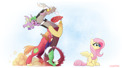 Size: 2100x1176 | Tagged: safe, artist:zlayd-oodles, big macintosh, discord, fluttershy, spike, butterfly, draconequus, dragon, earth pony, pegasus, pony, g4, adorable distress, blushing, bouquet, bowtie, butterfly on nose, cute, ear fluff, female, flower, horse collar, insect on nose, male, mare, nervous, oblivious, one eye closed, open mouth, pushing, rose, ship:discoshy, shipper on deck, shipping, stallion, straight, vein, vein bulge, winged spike, wings, wink