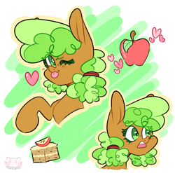 Size: 1280x1267 | Tagged: safe, artist:nullkunst, apple brown betty, pony, g4, :p, apple, apple brown betty (food), apple family member, bust, cute, eye clipping through hair, female, food, heart, looking at you, mare, one eye closed, open mouth, partial background, portrait, solo, tongue out, wink