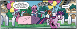 Size: 2466x924 | Tagged: safe, artist:brenda hickey, idw, official comic, twilight sparkle, alicorn, pony, g4, spoiler:comic, spoiler:comic63, balloon, birthday party, candle, cropped, crying, female, fence, filly, foal, food, lasagna, mare, ocular gushers, party, pasta, picket fence, running, speech bubble, twilight sparkle (alicorn), twilight sparkle is not amused, unamused