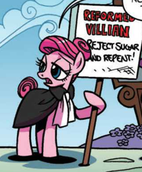 Size: 638x769 | Tagged: safe, artist:brenda hickey, idw, official comic, pinkie pie, earth pony, pony, g4, spoiler:comic, spoiler:comic63, alternate hairstyle, anti-sugar pinkie pie, clothes, cropped, female, hair up, hoof hold, mare, misspelling, needs more jpeg, sign, solo