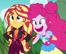 Size: 1279x1058 | Tagged: safe, screencap, pinkie pie, sunset shimmer, equestria girls, equestria girls series, g4, sunset's backstage pass!, spoiler:eqg series (season 2), clothes, cropped, duo, duo female, excited, faic, female, geode of empathy, geode of sugar bombs, happy, jacket, magical geodes, music festival outfit, open mouth, outdoors, ponk