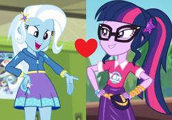 Size: 1450x1016 | Tagged: safe, edit, edited screencap, screencap, sci-twi, trixie, twilight sparkle, equestria girls, equestria girls series, forgotten friendship, g4, sunset's backstage pass!, spoiler:eqg series (season 2), canterlot high, female, hand on hip, lesbian, lockers, music festival outfit, ship:sci-twixie, ship:twixie, shipping, shipping domino