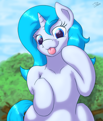Size: 2200x2600 | Tagged: safe, artist:eisky, artist:frenchfreis, oc, oc only, oc:crescendo, pony, unicorn, :p, cloud, day, high res, horn, looking at you, sitting, sky, solo, tongue out, tree