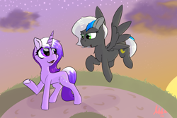Size: 2834x1889 | Tagged: safe, artist:jubyskylines, oc, pegasus, pony, unicorn, cute, looking at each other, sunset