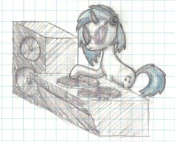 Size: 1213x983 | Tagged: safe, artist:solder point, dj pon-3, vinyl scratch, pony, unicorn, g4, female, glasses, graph paper, isometric, record, simple background, solo, speaker, traditional art, turntable
