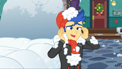 Size: 1280x720 | Tagged: safe, screencap, flash sentry, equestria girls, equestria girls series, g4, holidays unwrapped, spoiler:eqg series (season 2), clothes, hat, male, scarf, snow