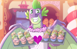 Size: 4700x3000 | Tagged: safe, artist:glitterstar2000, spike, dragon, g4, apron, clothes, cupcake, food, heart, male, naked apron, older, older spike, smiling, solo, sugarcube corner, tray, winged spike, wings