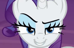 Size: 1301x848 | Tagged: safe, screencap, rarity, pony, unicorn, g4, made in manehattan, close-up, dreamworks face, female, horn, lidded eyes, looking at you, mare, rarismug, smiling, smirk, solo