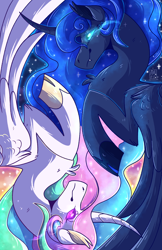 Size: 3850x5950 | Tagged: safe, artist:kittyisawolf, princess celestia, princess luna, alicorn, pony, g4, colored pupils, curved horn, duo, fangs, glowing eyes, horn, mirrored, royal sisters, signature, yin-yang