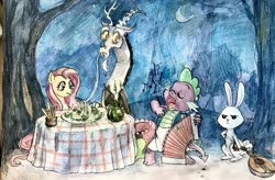 Size: 2346x1536 | Tagged: safe, artist:sildesalaten, angel bunny, discord, fluttershy, spike, draconequus, dragon, pegasus, pony, rabbit, g4, accordion, angel bunny is not amused, animal, candle, female, food, lady and the tramp, male, mandolin, mare, musical instrument, night, pasta, ship:discoshy, shipping, singing, spaghetti, spaghetti scene, straight, table, this will end in kisses, traditional art, tree, watercolor painting