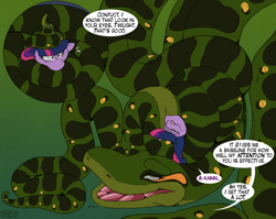 Size: 2000x1594 | Tagged: safe, artist:omnifelpur, artist:tacokurt, part of a set, twilight sparkle, oc, oc:inkanyamba, snake, g4, anaconda, coiling, coils, constriction, dialogue, fetish, imminent vore, maw, part of a series, speech bubble, squeeze, squeezing, this will end in death
