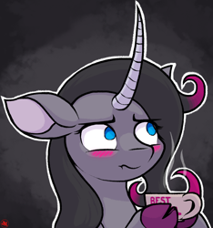 Size: 2316x2476 | Tagged: safe, artist:ljdamz1119, oleander (tfh), classical unicorn, pony, unicorn, them's fightin' herds, awwleander, blushing, cloven hooves, coffee, community related, cup, curved horn, cute, digital art, female, high res, horn, looking up, mare, reaction image, solo, unshorn fetlocks