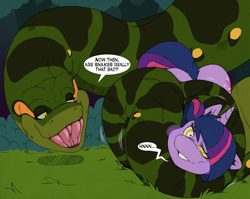 Size: 2000x1588 | Tagged: safe, artist:omnifelpur, artist:tacokurt, part of a set, twilight sparkle, oc, oc:inkanyamba, snake, g4, anaconda, coiling, coils, constriction, dialogue, fetish, kaa eyes, maw, mind control, part of a series, smiling, soft vore, speech bubble, squeeze, squeezing, this will end in death, vore