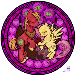 Size: 1600x1600 | Tagged: safe, artist:akili-amethyst, big macintosh, fluttershy, butterfly, pony, g4, apple, blushing, disney, dive to the heart, eyes closed, female, food, half apple, heart, heart shaped, kingdom hearts, male, ship:fluttermac, shipping, simple background, stained glass, straight, sweet apple acres, transparent background