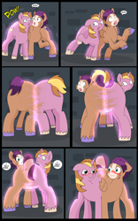 Size: 5000x8000 | Tagged: safe, artist:chedx, oc, oc only, oc:fast hooves, oc:home defence, oc:king speedy hooves, clydesdale, pegasus, pony, unicorn, comic:the fusion flashback, blushing, butt, comic, commissioner:bigonionbean, confused, confusion, conjoined, dialogue, extra thicc, flank, fusion, fusion:big macintosh, fusion:flash sentry, fusion:shining armor, fusion:trouble shoes, large butt, magic, merge, merging, panicking, parent:big macintosh, parent:shining armor, plot, potion, swelling, swollen, the ass was fat, writer:bigonionbean